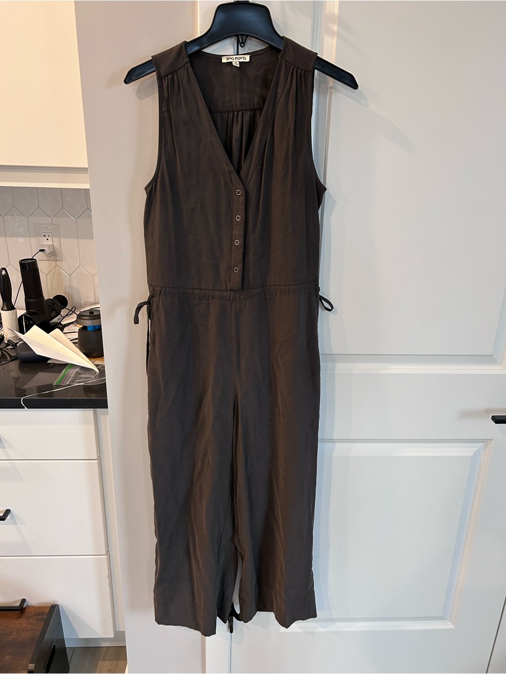 Rag Poets Dark Brown Sleeveless V-Neck Wide Leg Jumpsuit Minimalist Earthy Boho